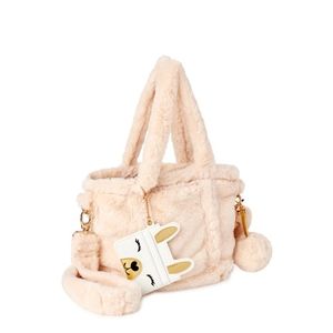 NEW Llama Vegan Fur Ivory Gold Handbag Wallet Pom Pom Keychain 3pc Set